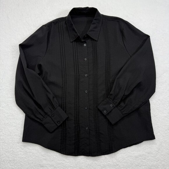 Womens Linen Blend Pleated Blouse Long Sleeves Lagenlook Minimalist Black XXL - Picture 5 of 12